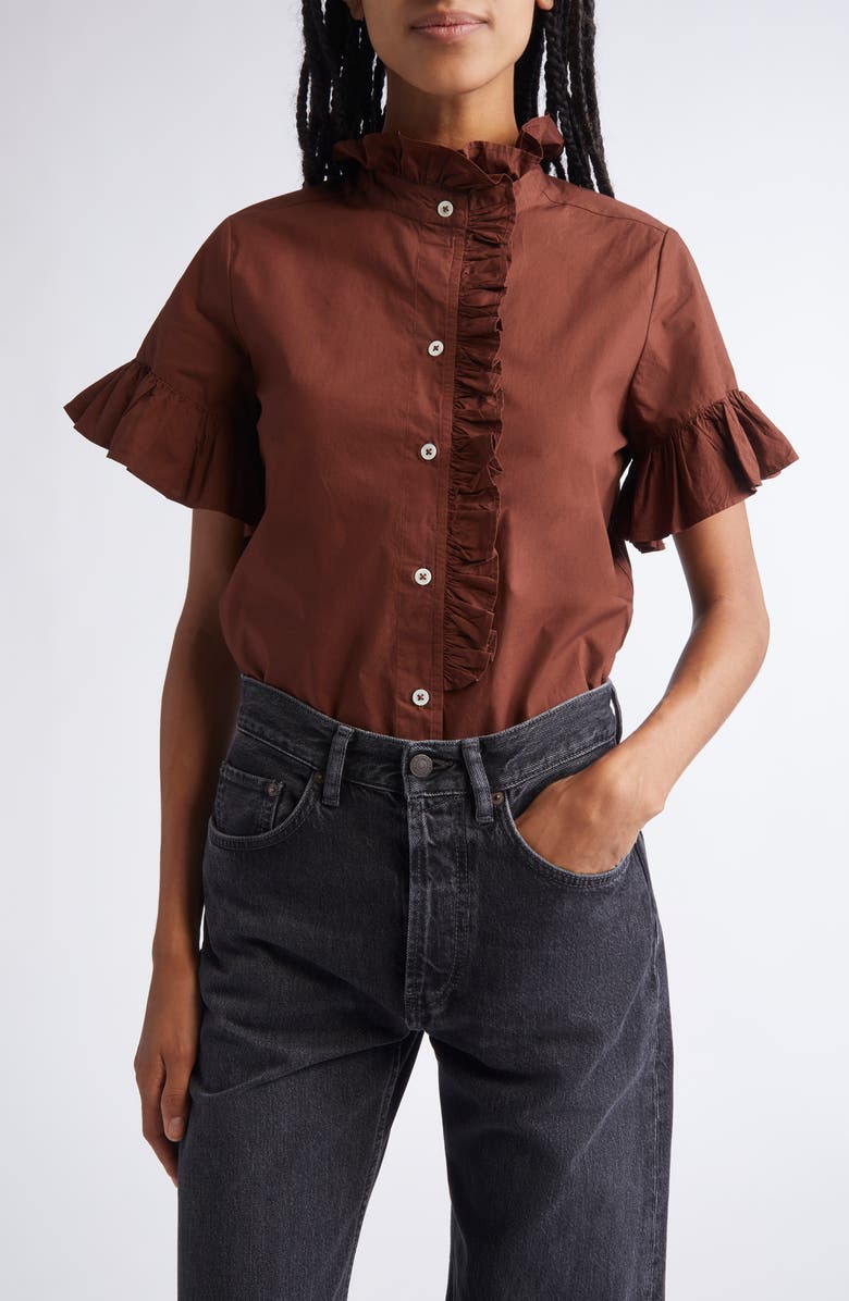 MILLE Vanessa Ruffle Detail Cotton Blouse, Main, color, Chocolate