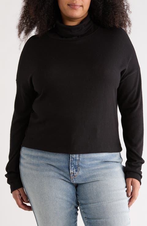 Cowl Neck Long Sleeve Brushed Knit Crop Top (Plus)