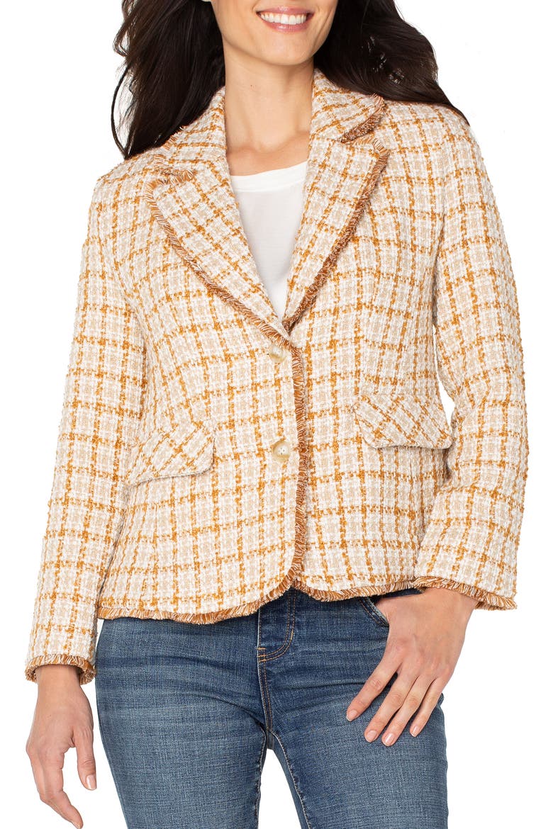 Fringe Detail Check Tweed Blazer, Main, color, GOLD/ KHAKI PLAID