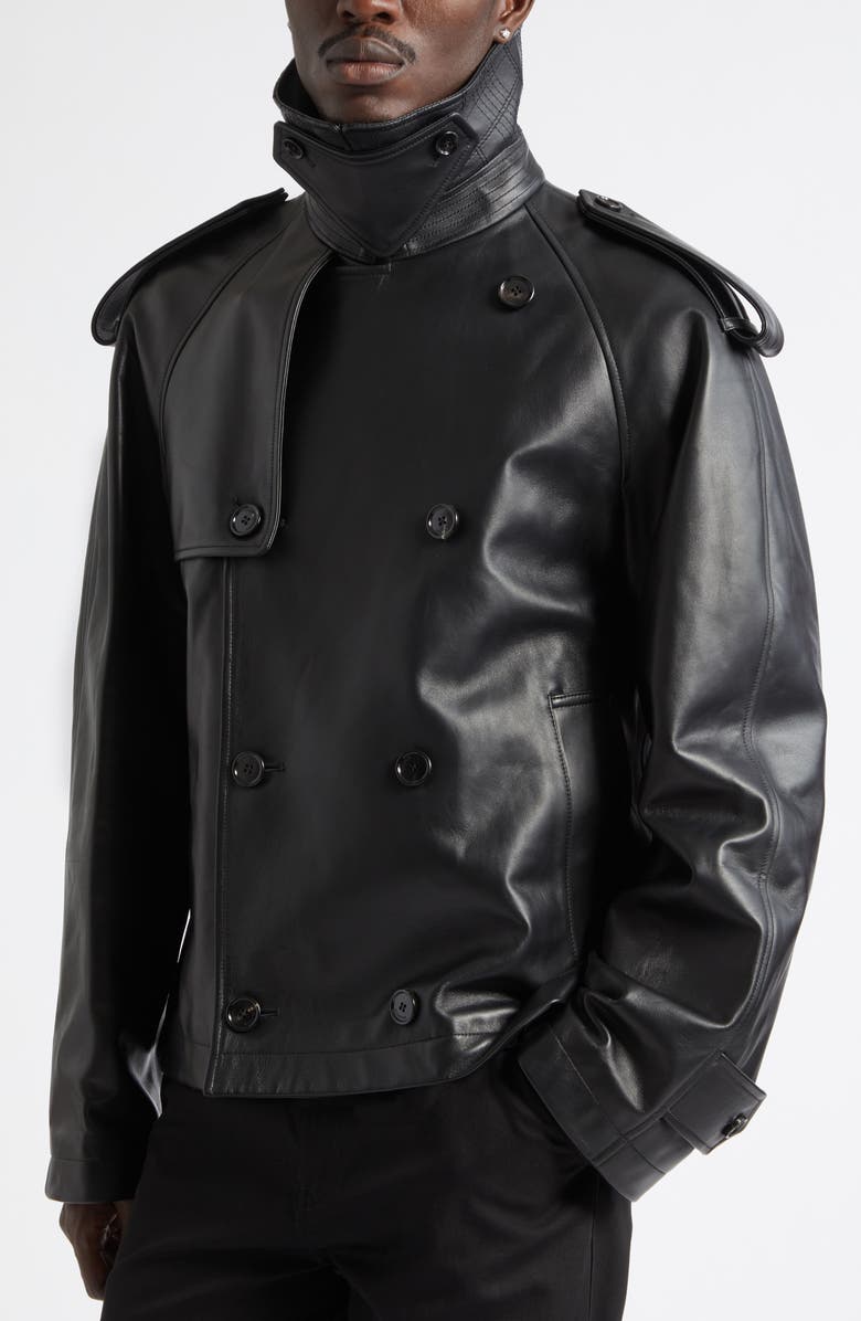 Burberry Leadenham Leather Crop Trench Coat, Alternate, color, Black