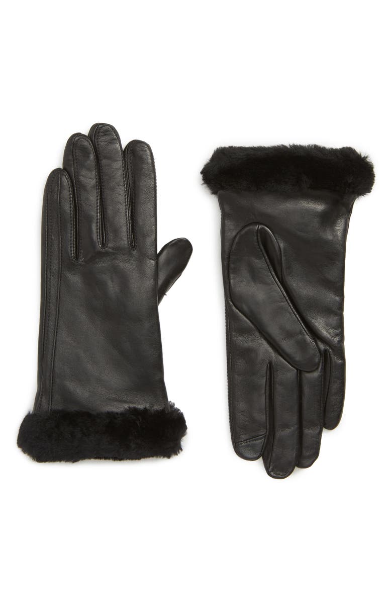 UGG<sup>®</sup> Touchscreen Compatible Leather Gloves with Genuine Shearling Trim, Main, color,