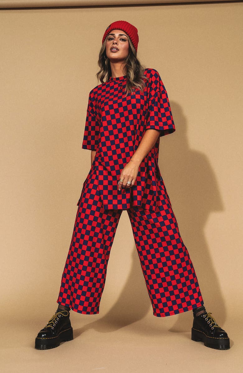 Dressed in Lala Lex Ribbed Oversize T-Shirt & High Waist Crop Pants Set, Alternate, color, Red/ Purple