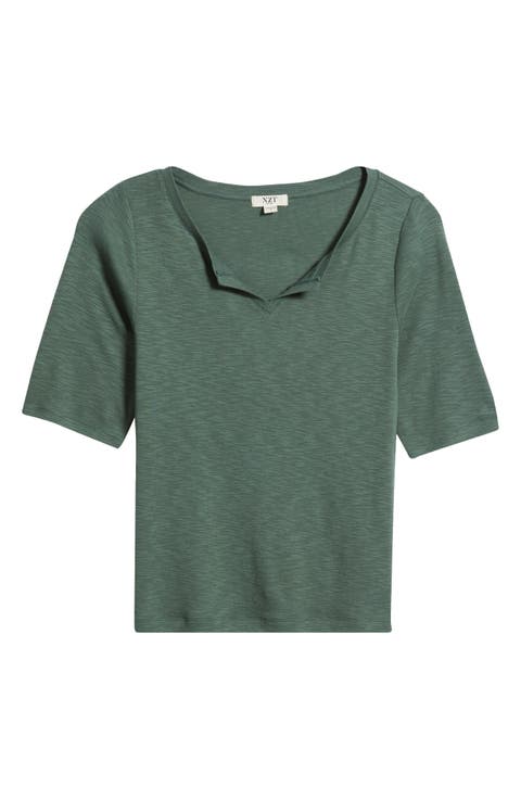Elbow Sleeve Notch Neck T-Shirt