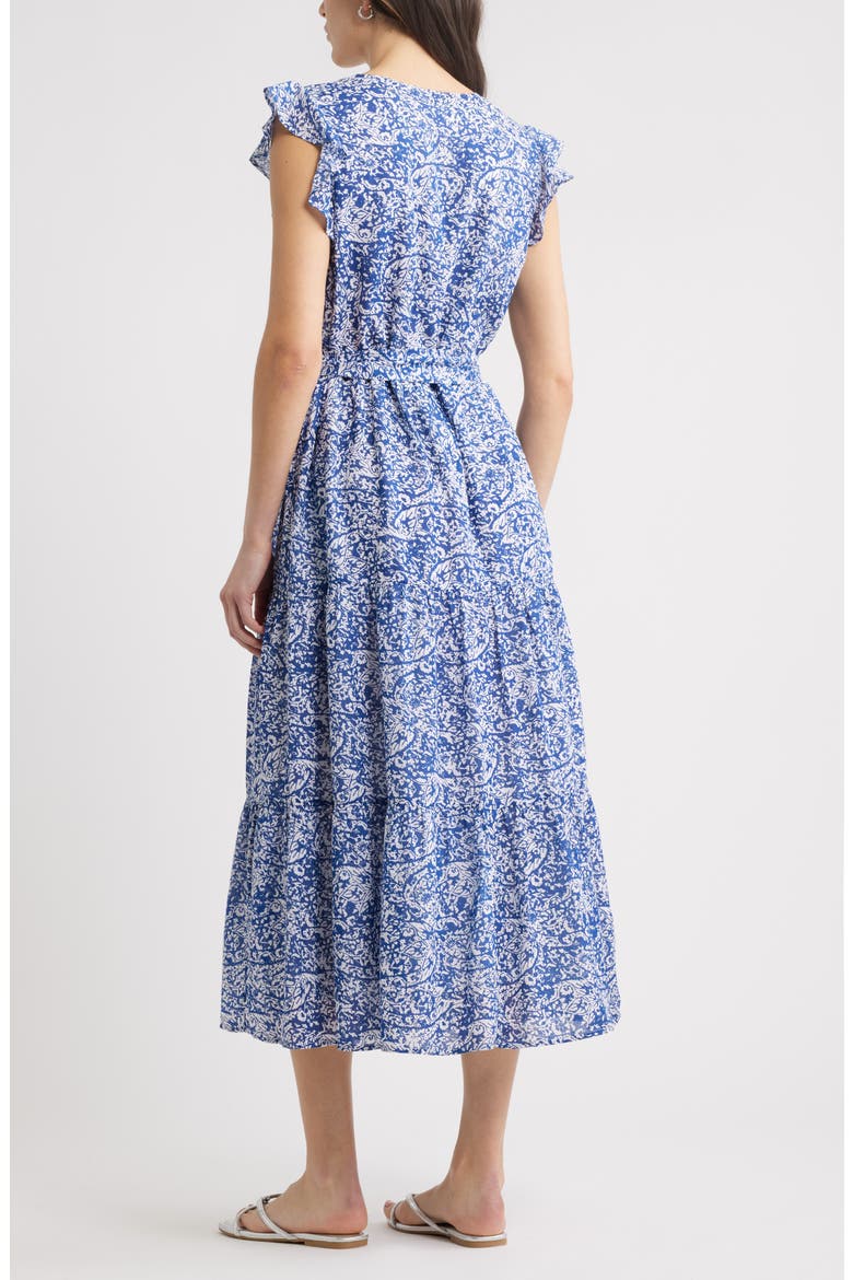 Print Ruffle Sleeve Tie Waist Midi Dress, Alternate, color, BLUE- WHITE RIVER PAISLEY