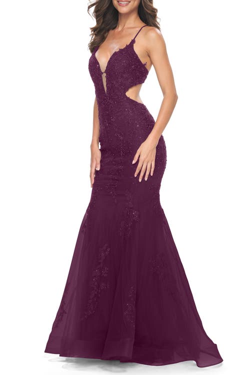 La Femme Lace And Tulle Mermaid Gown With Side Cut Outs In Dark Berry