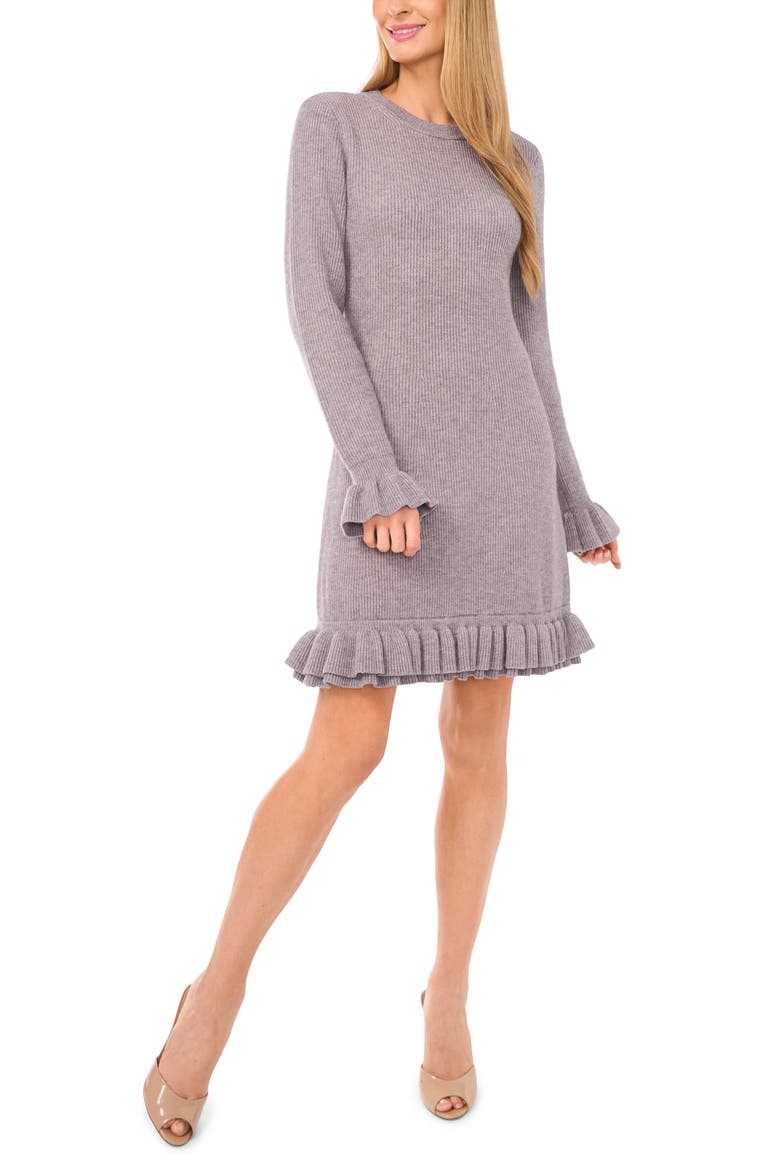 Ruffle Trim Long Sleeve Sweater Minidress, Main, color, MEDIUM HEATHER GREY