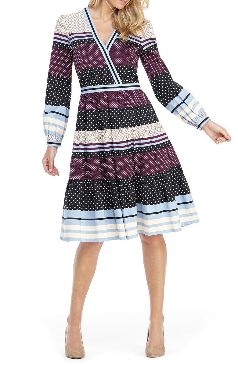 Gal Meets Glam Collection Dakota Mixed Print Long Sleeve Fit & Flare Dress, Main, color,