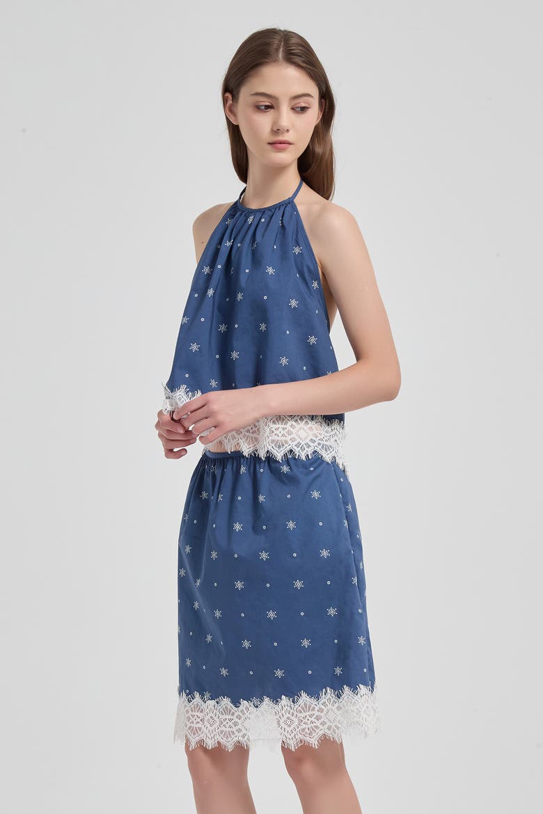 Soleil Lace Trim Halter Cotton Top, Alternate, color, Indigo