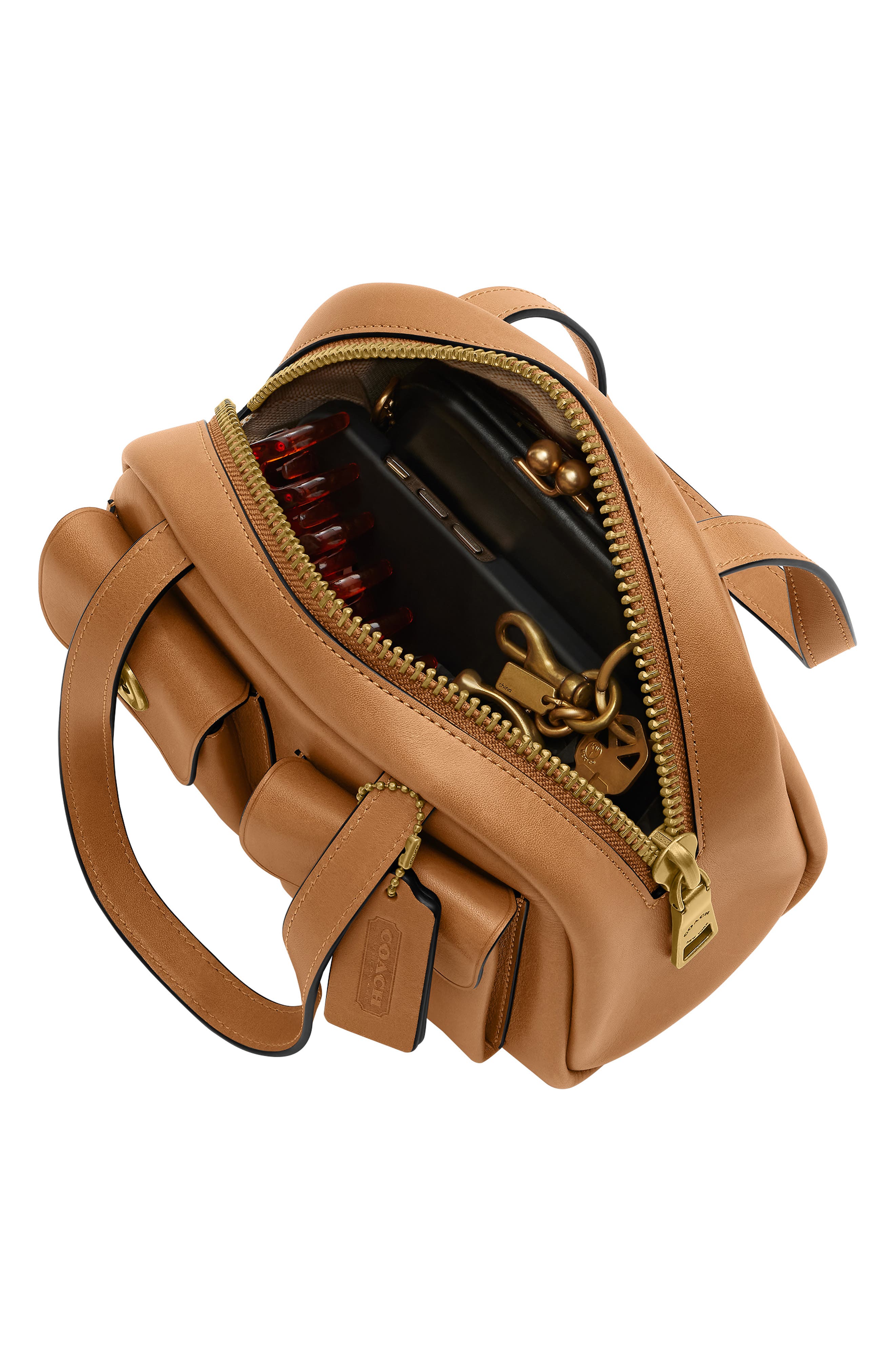 Twin Turnlock Leather Top Handle Bag, Alternate, color, TOFFEE