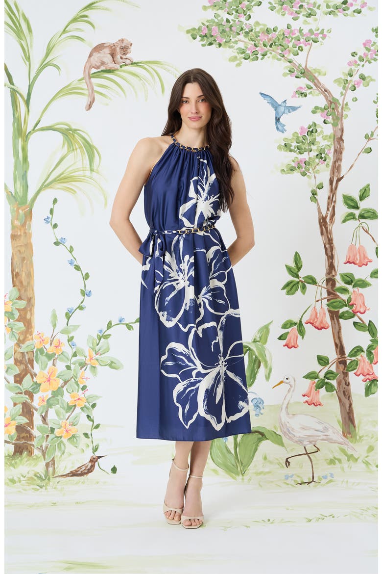 Floral Halter Neck Belted Midi Dress, Alternate, color, NAVY/ IVORY