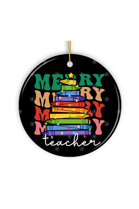 Merry Teacher Crayon Christmas Tree Ceramic Ornament