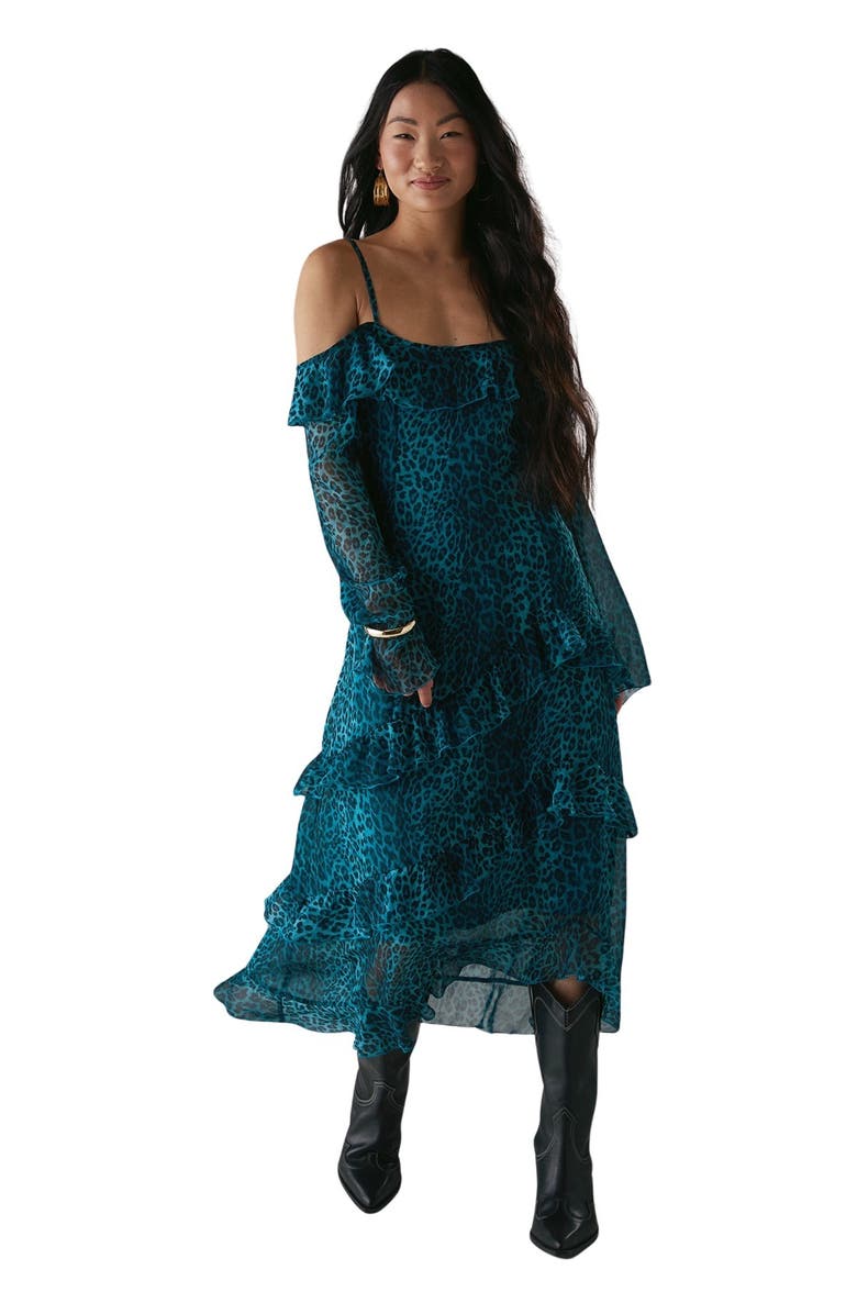 Warehouse Ruffle Cold Shoulder Midi Dress, Main, color, Leopard