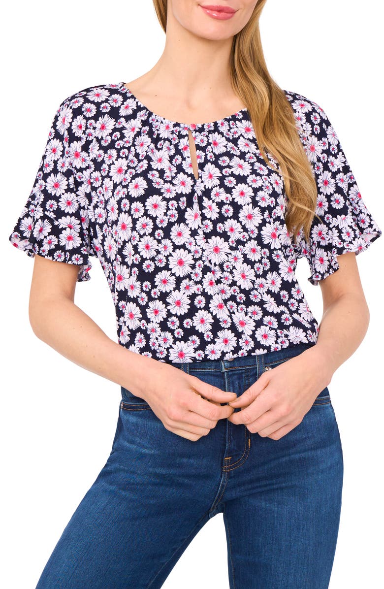 CeCe Keyhole Ruffle Top, Main, color, Classic Navy