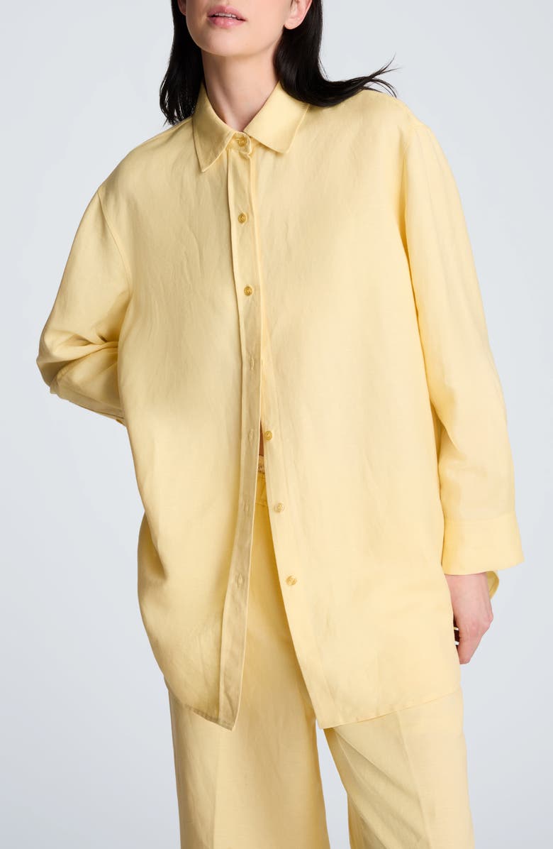 Kenneth Cole Long Linen Blend Button-Up Shirt, Main, color, Pastel Yellow