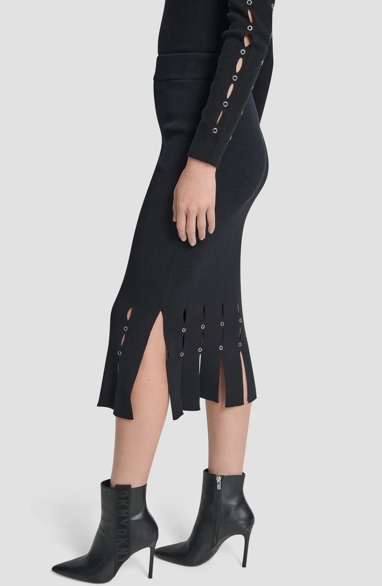 DKNY Grommet Trim Fringe Hem Sweater Midi Skirt, Alternate, color, Black