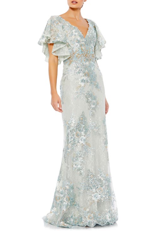 Bell Sleeve Floral Embellished Gown