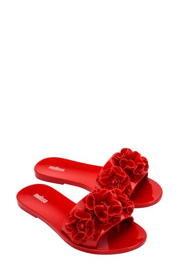 Melissa Harmonic Springtime Floral-embellished Flip Flops In Red