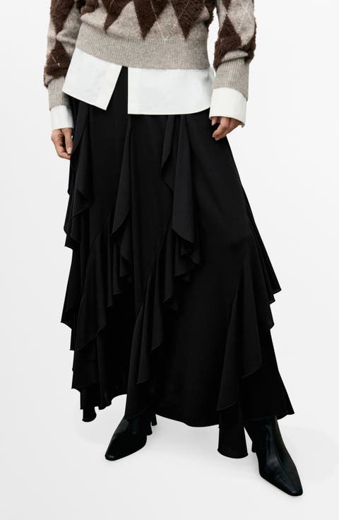 Ruffle Asymmetric Midi Skirt
