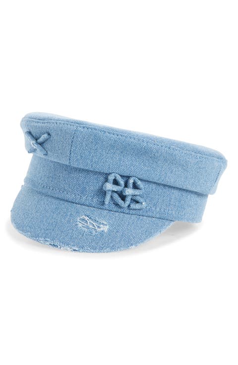 Logo Embellished Distressed Denim Newsboy Cap