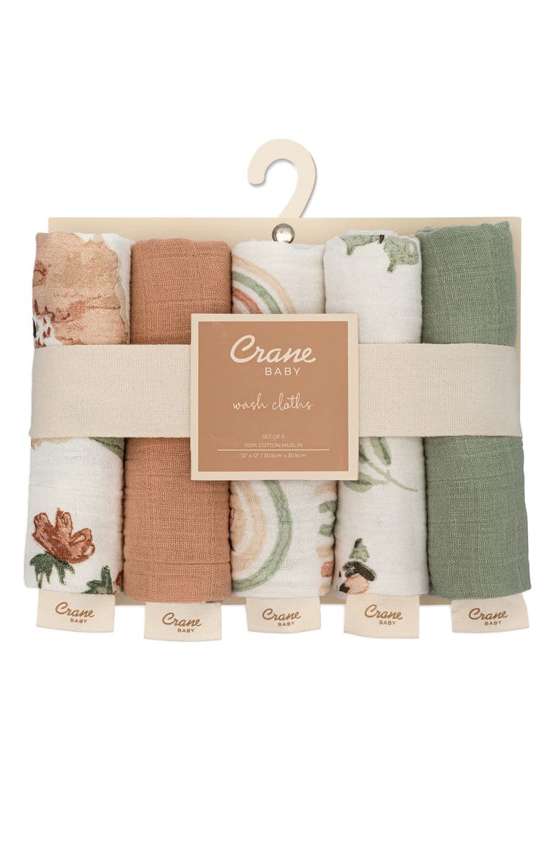 CRANE BABY Parker 5-Pack Assorted Cotton Muslin Washcloths, Alternate, color, Beige