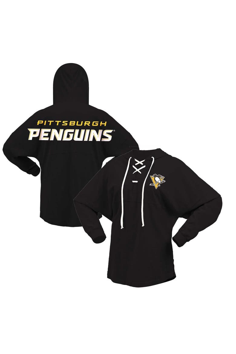Women's Fanatics Branded Black Pittsburgh Penguins Jersey Lace-Up V-Neck Long Sleeve Hoodie T-Shirt, Main, color, Black