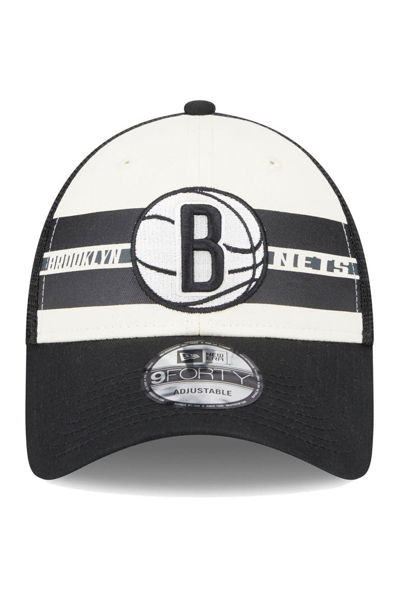 Men's New Era Brooklyn Nets Black Stripes 9FORTY Trucker Snapback Hat, Alternate, color, Black