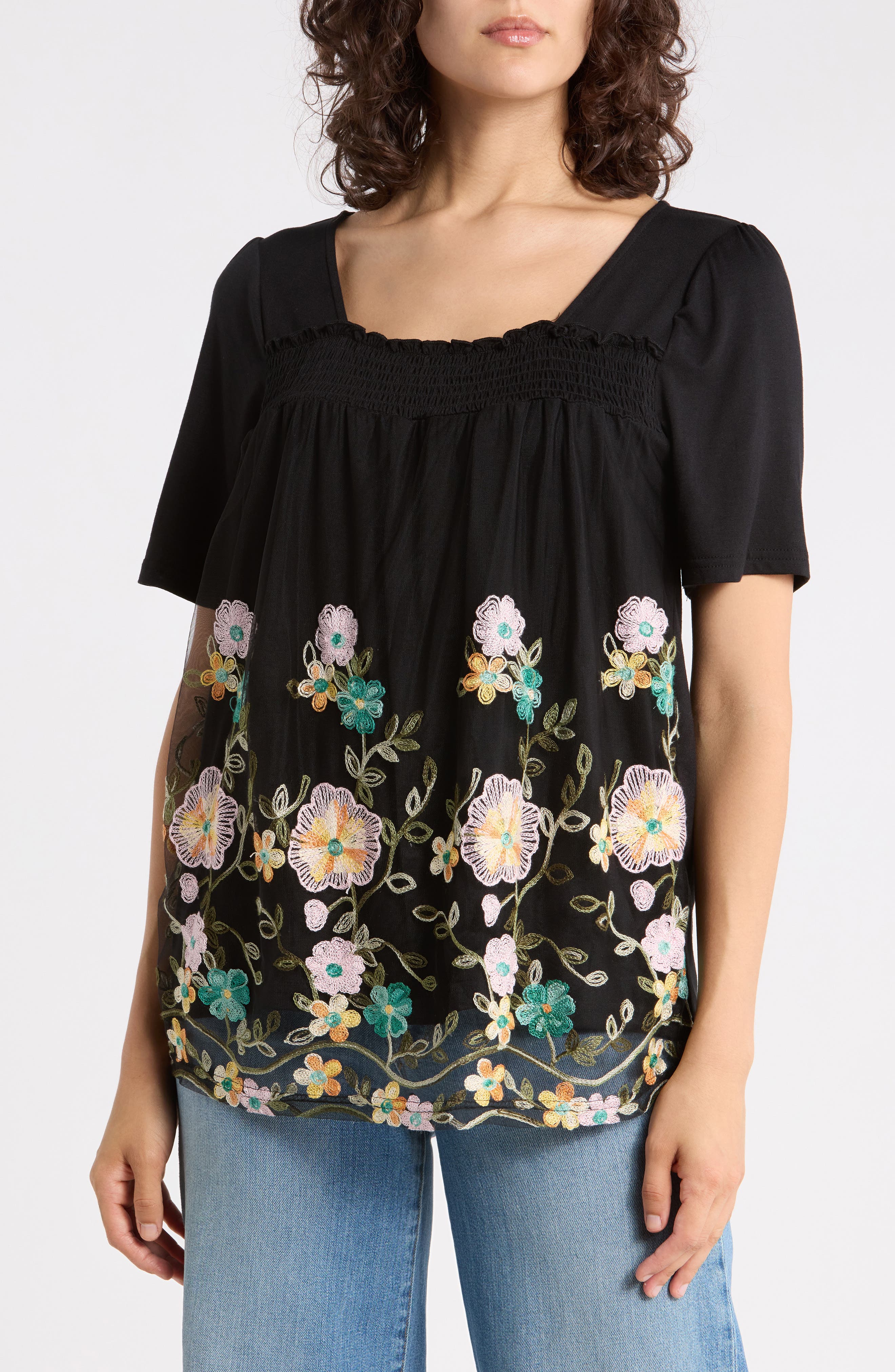 Embroidered Mesh Overlay Top