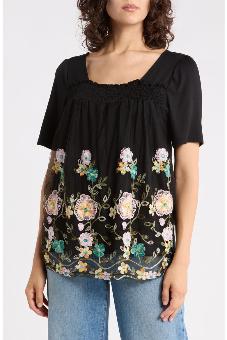 Embroidered Mesh Overlay Top, Main, color, BLACK