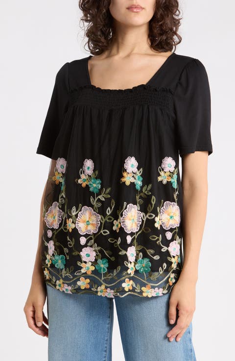 Embroidered Mesh Overlay Top