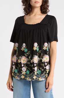 Embroidered Mesh Overlay Top