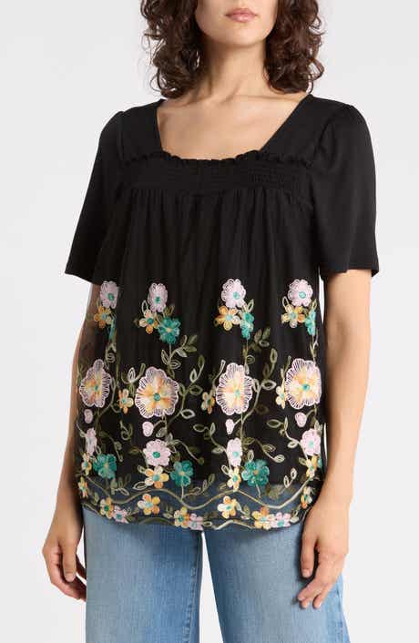 Embroidered Mesh Overlay Top