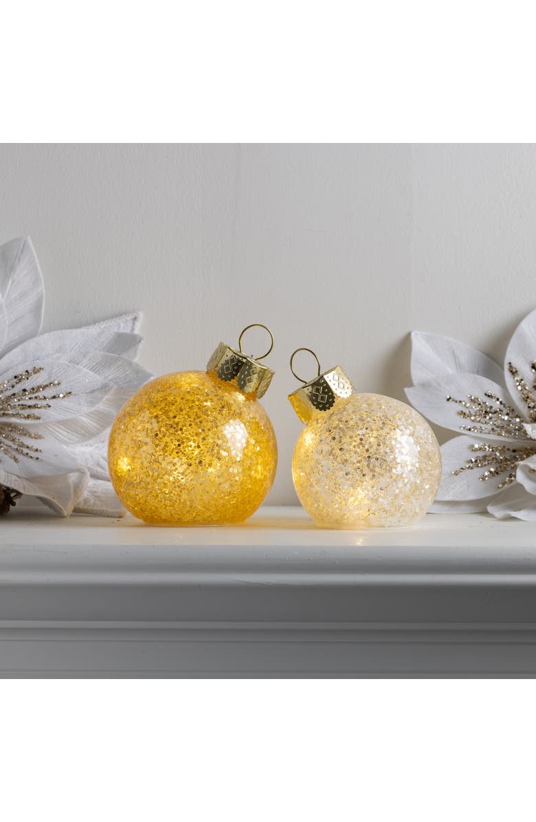 Transpac Glass Light Up Glitter Ornament Set of 2 Battery Operated Green, Alternate, color, Gold