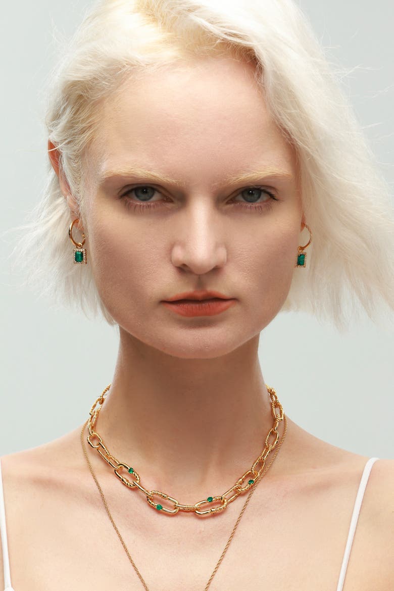 Emerald Green Drop Hoop Earrings, Alternate, color, Gold