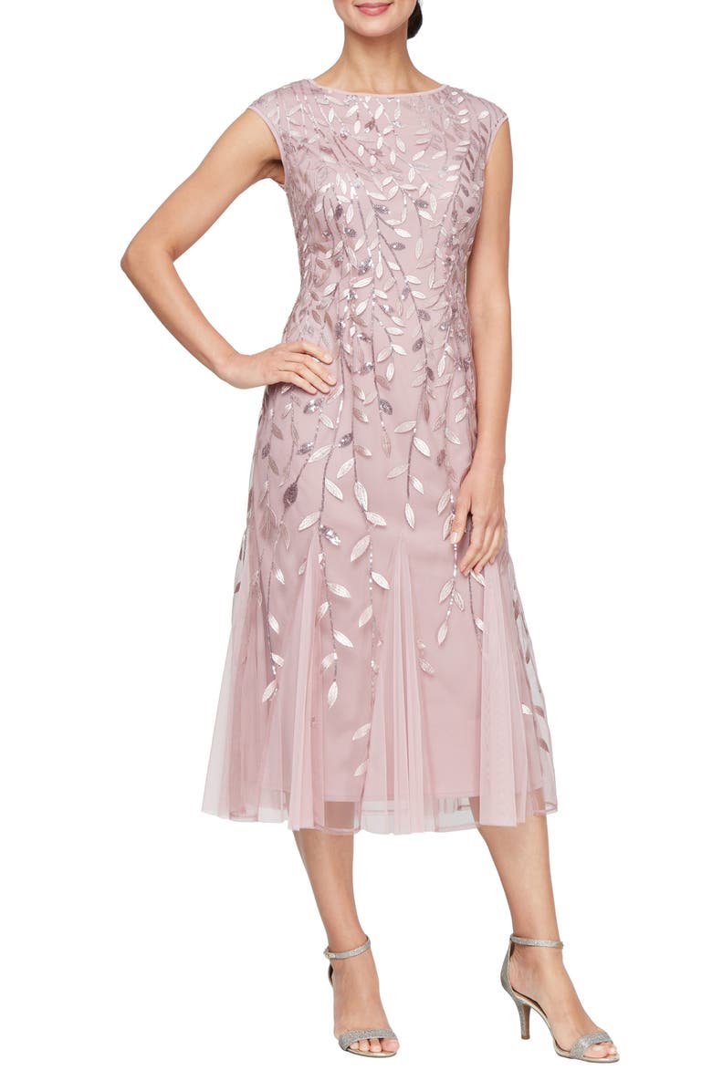 Alex Evenings Sequin Leaf Embroidery Cocktail Midi Dress, Main, color, Rose