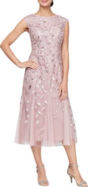 Alex Evenings Sequin Leaf Embroidery Cocktail Midi Dress