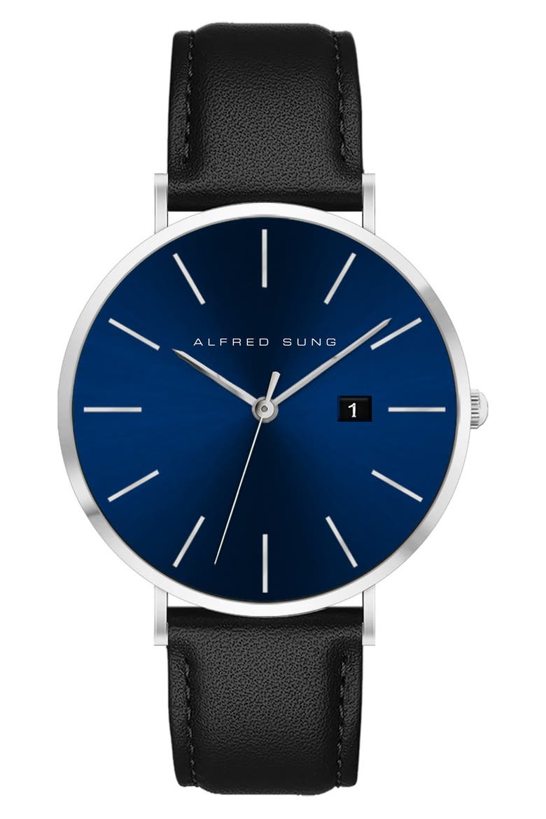 Metropolitan Slim Leather Strap Watch, 42mm, Main, color, BLACK STRAP/BLUE DIAL