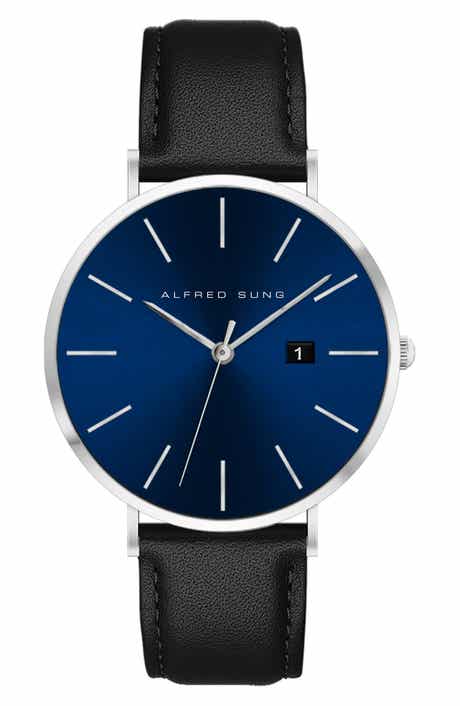 Alfred Sung Metropolitan Slim Leather Strap Watch, 42mm