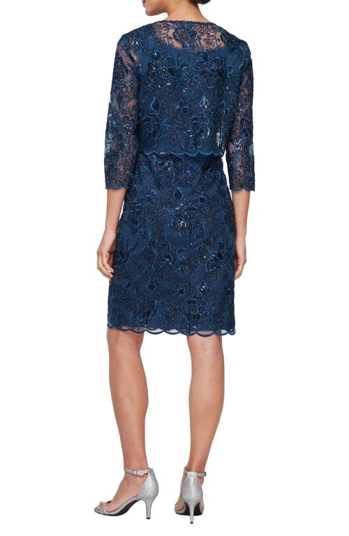 Alex Evenings Sequin Embroidered Floral Sleeveless Sheath Dress With Jacket In Navy