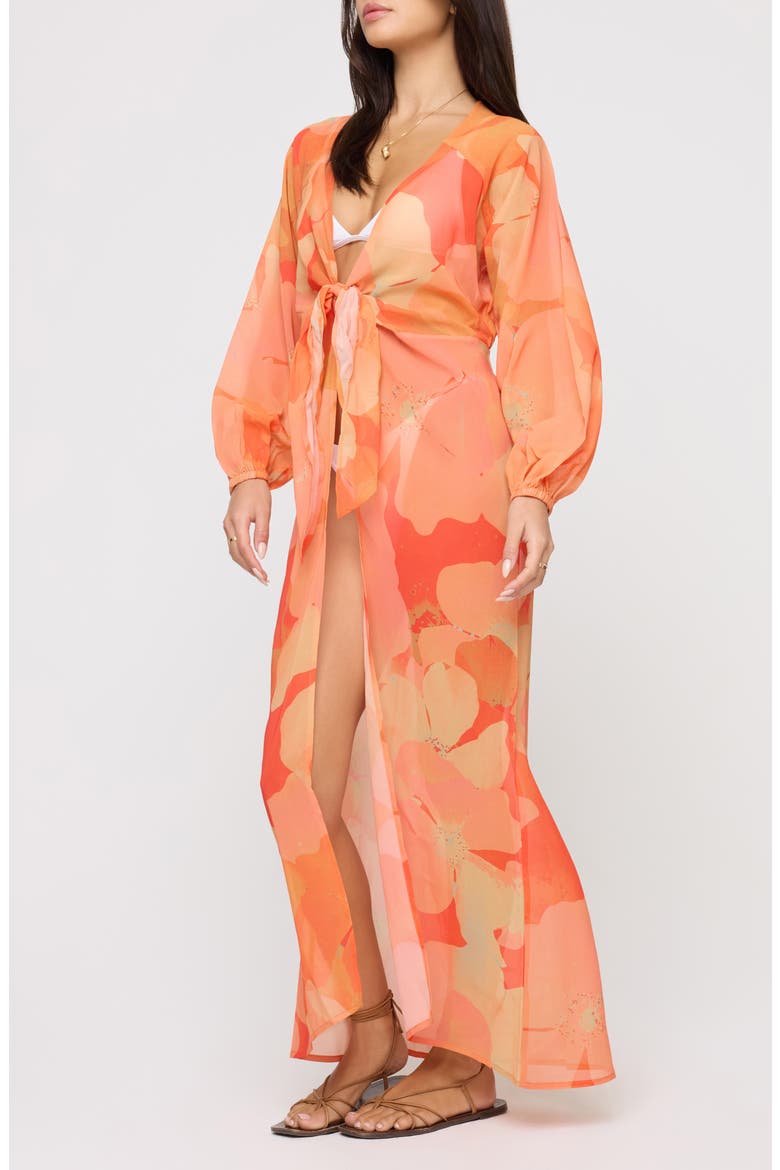 Anna Floral Tie Front Maxi Cover-Up Dress, Alternate, color, NATIVE POPPIES