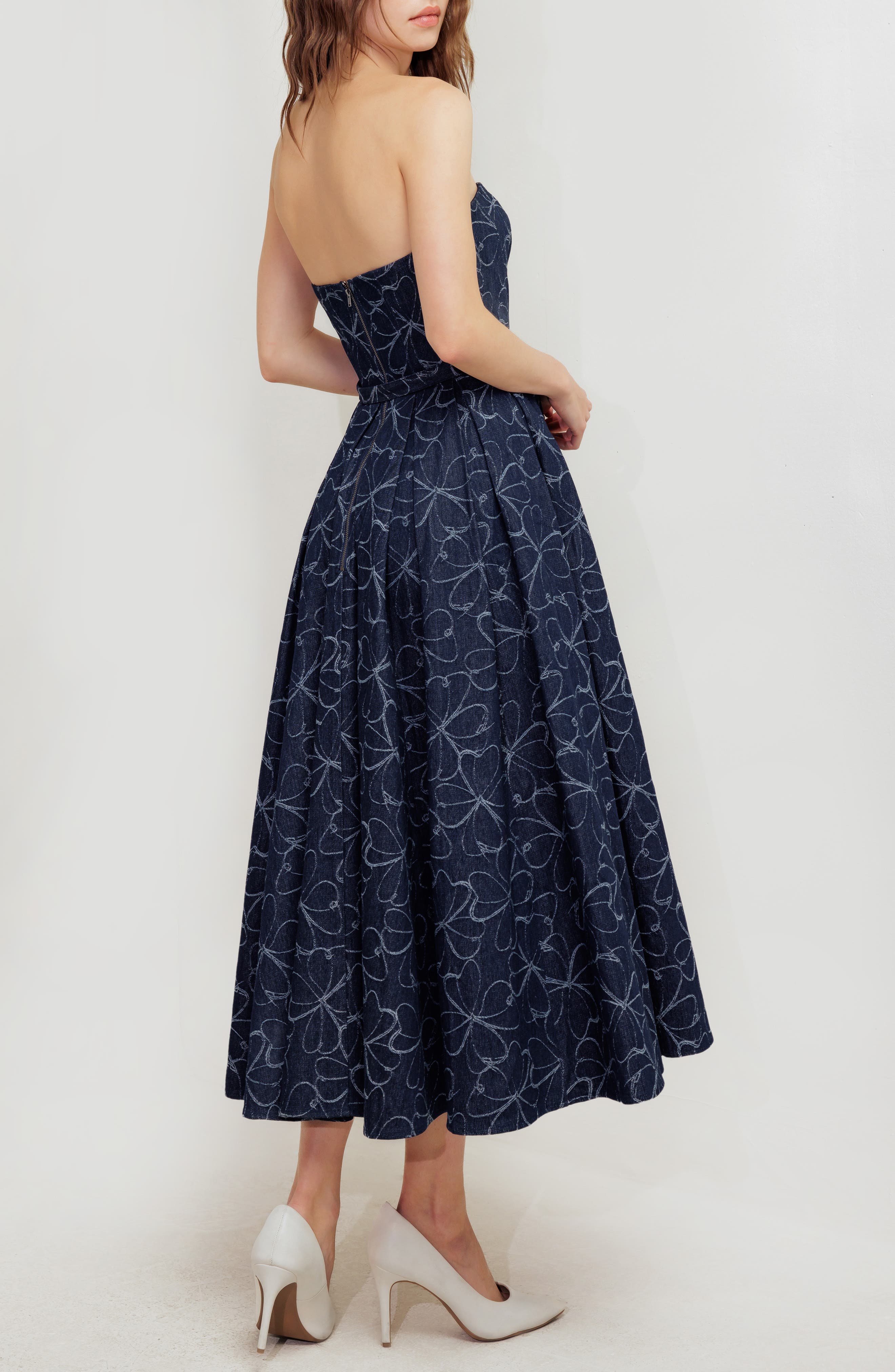 Printed Strapless Belted Denim Midi Dress - image 2
