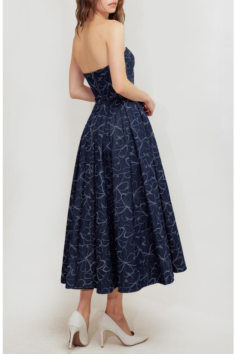 Printed Strapless Belted Denim Midi Dress, Alternate, color, DENIM