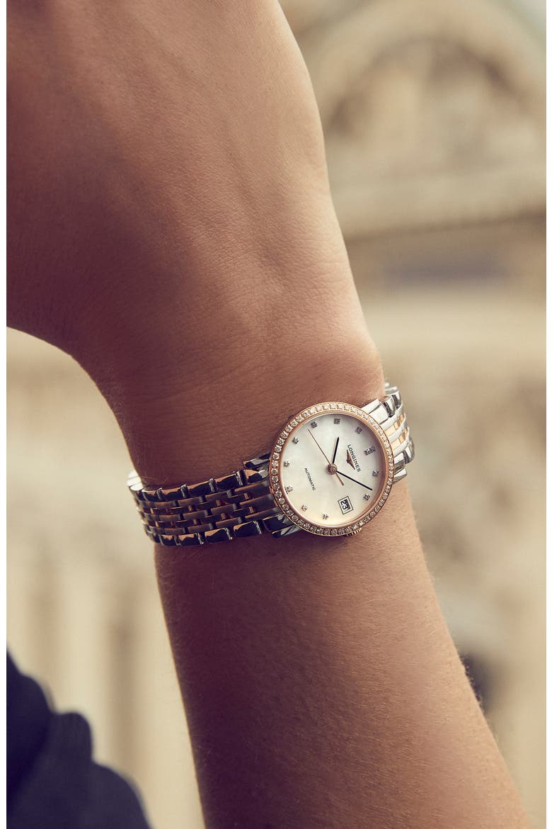 Elegant Automatic Diamond Bracelet Watch, 25.5 mm, Alternate, color, SILVER/ MOP/ ROSE GOLD