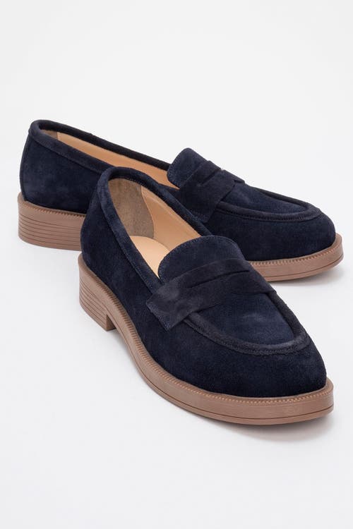 Forever & Always Shoes Bree Platform Penny Leather Loafer In Navy Suede Leather