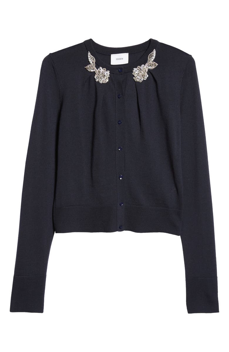 Erdem Drape Detail Embellished Wool Cardigan, Alternate, color,