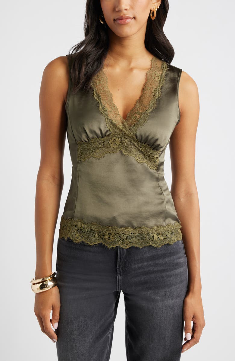 Open Edit Lace Trim Satin Tank, Main, color, Olive Sarma