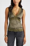 Open Edit Lace Trim Satin Tank