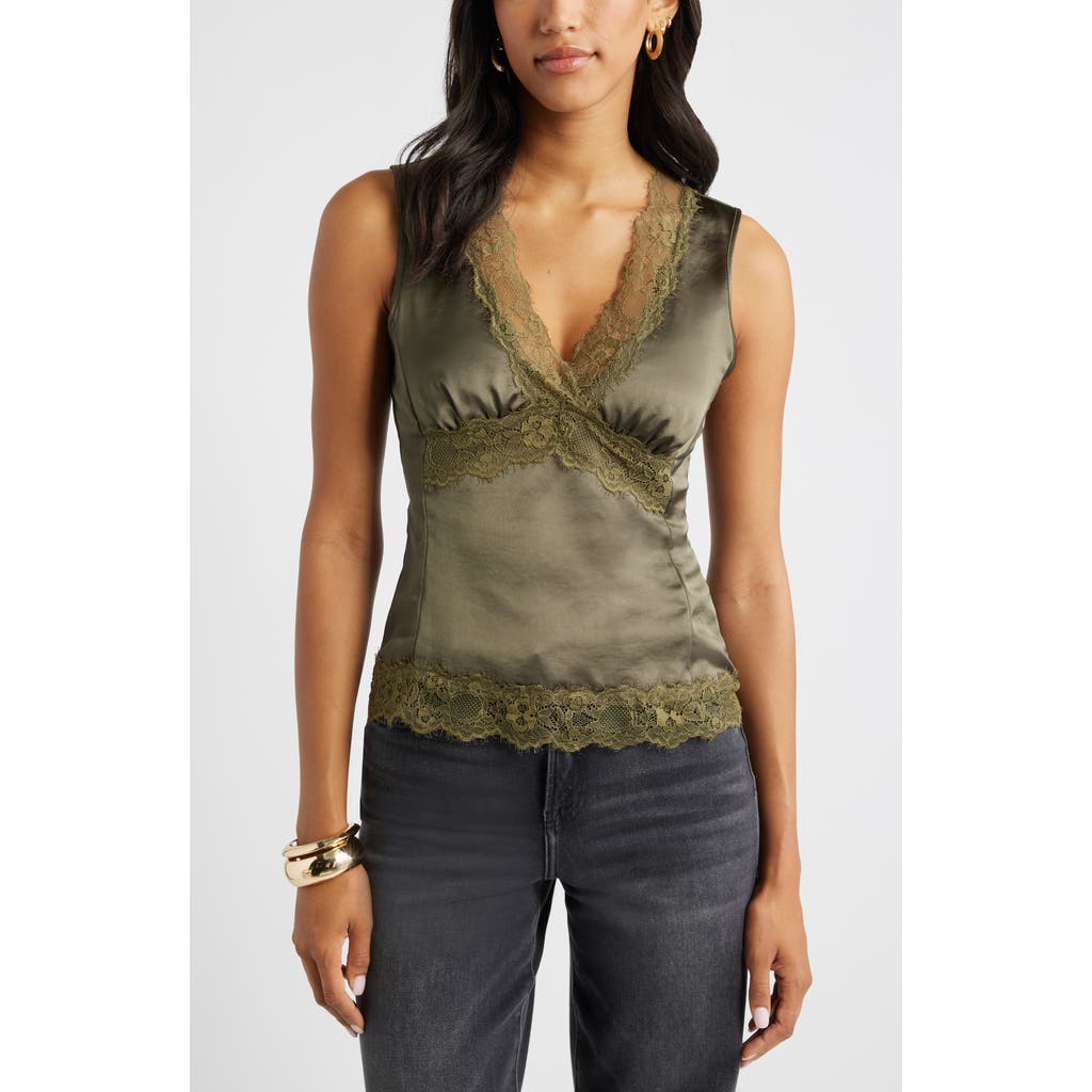 Open Edit Lace Trim Satin Tank In Green