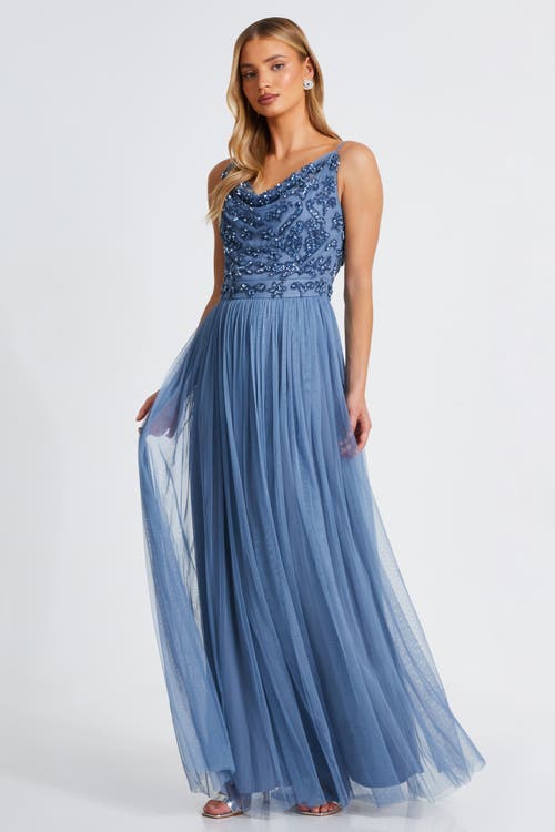 Quiz Cowl Neck Mesh Skirt Maxi Dress In Blue