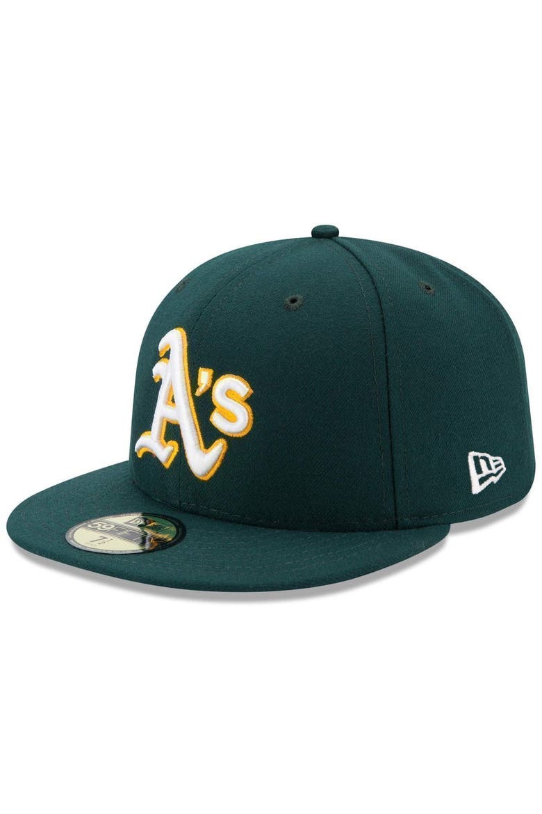Men's New Era Green Oakland Athletics Road Authentic Collection On Field 59FIFTY Performance Fitted Hat, Main, color, GREEN