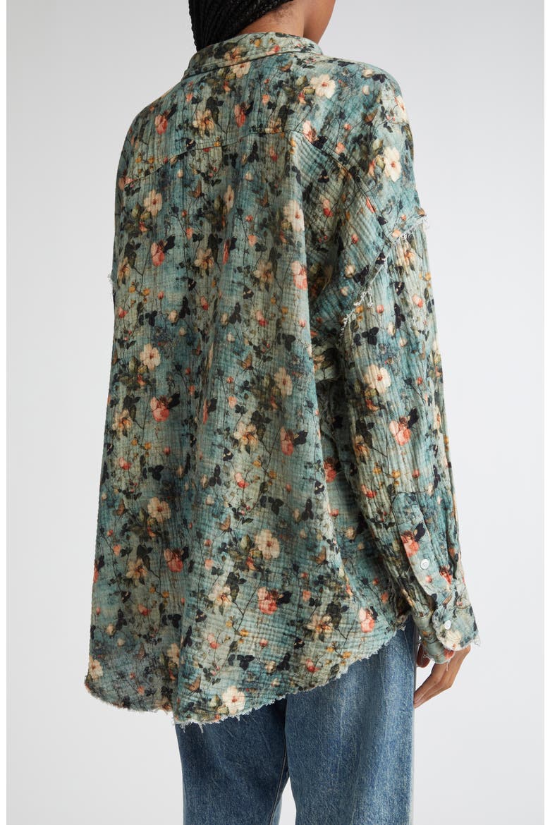 Shredded Seam Ruffle Button-Up Shirt, Alternate, color, TURQUOISE FLORAL